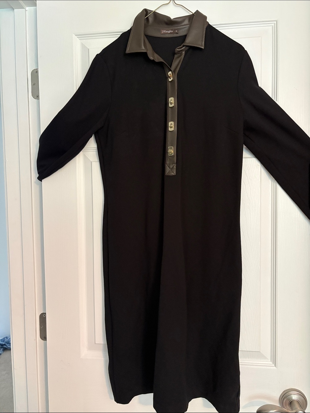 J McLaughlin Black Long-Sleeve Knit Dress with Brown Trim